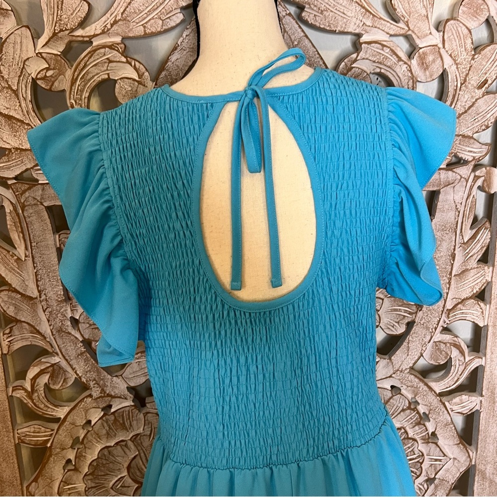NWOT Michelle McDowell Teal Smocked Ruffle Sleeve Midi Dress w Pockets Sz XL - Picture 5 of 7